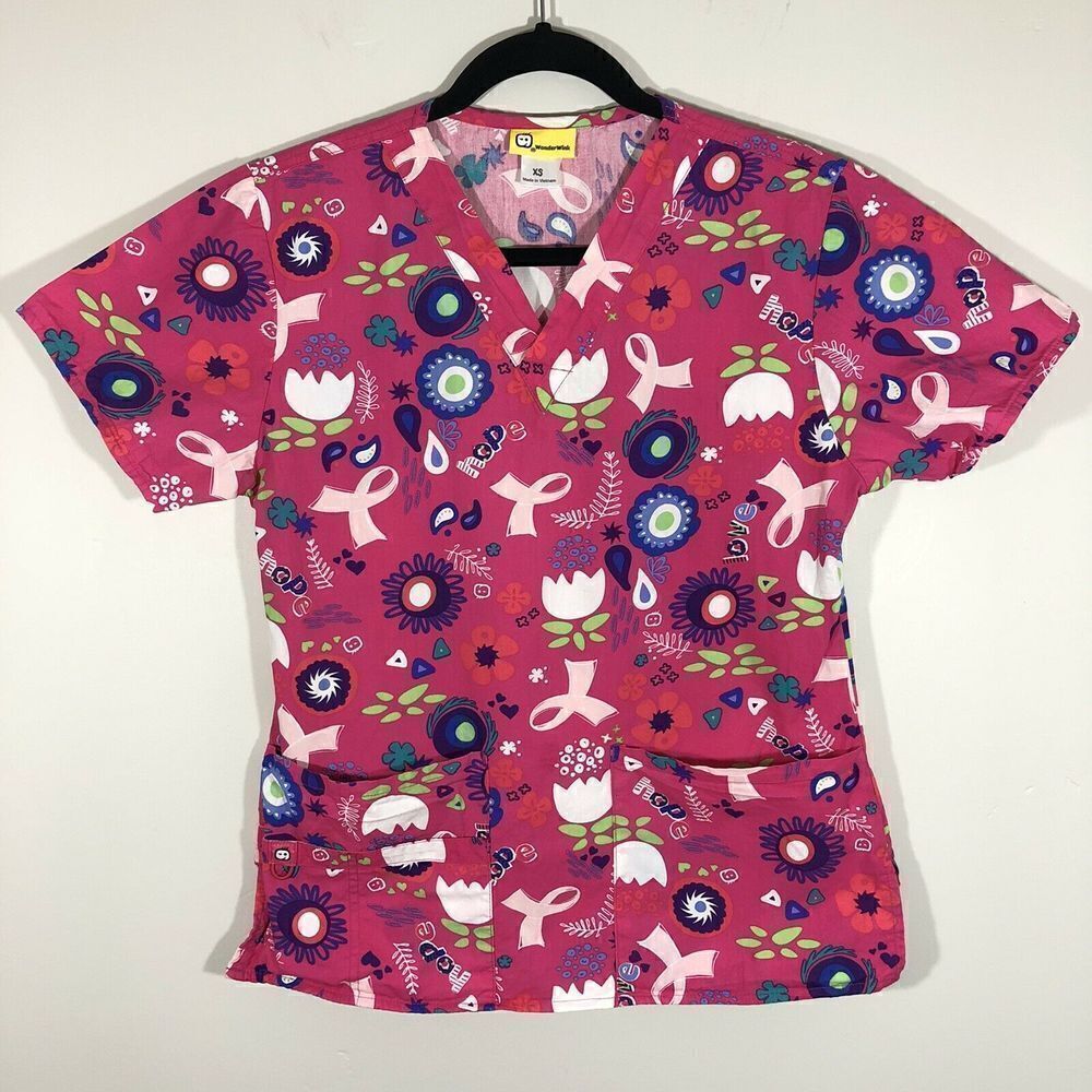 Wonderwink Scrub Top XS Pink Ribbon
